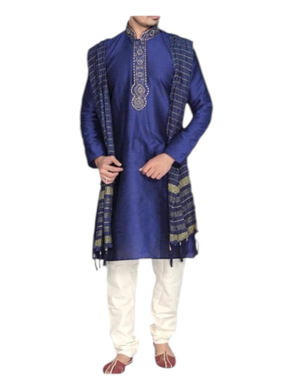 Royal Blue Embroidered Men's Kurta Set with Scarf 4XL (50) NWT